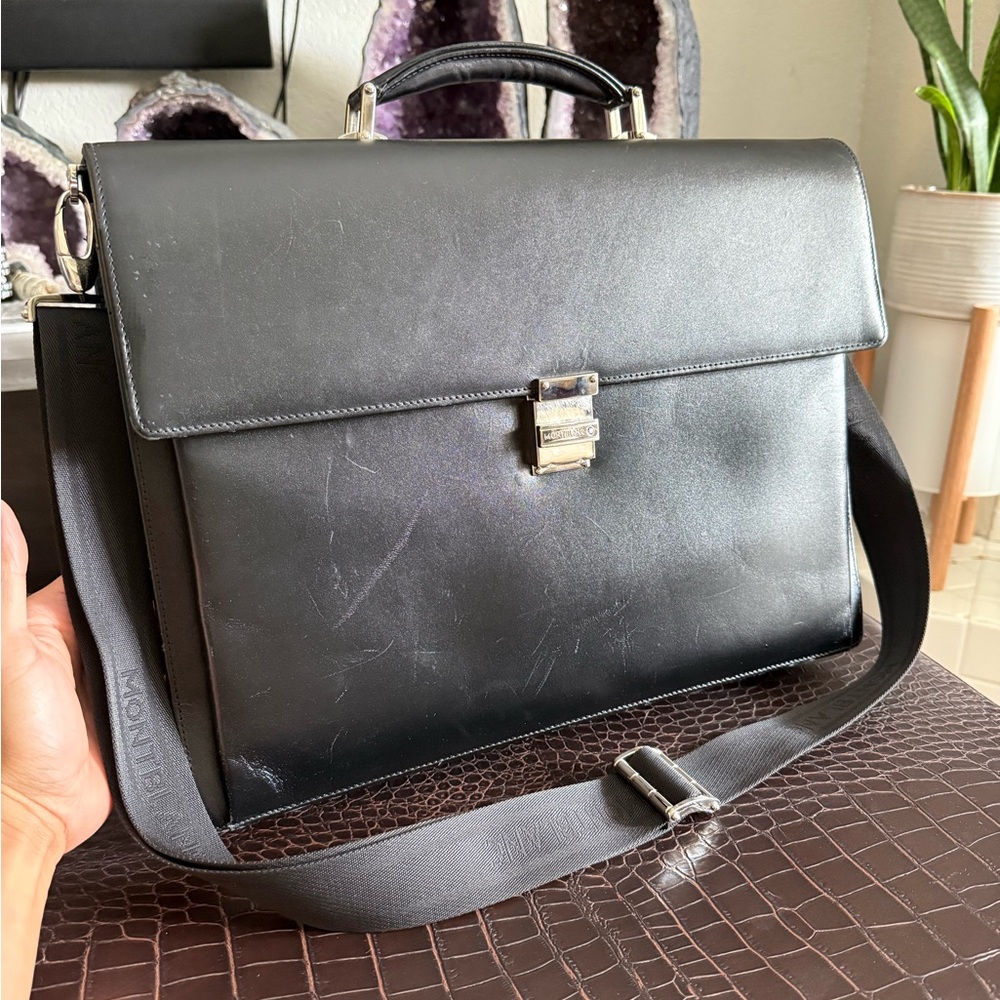 Montblanc Black Leather Briefcase with Silver Clas
